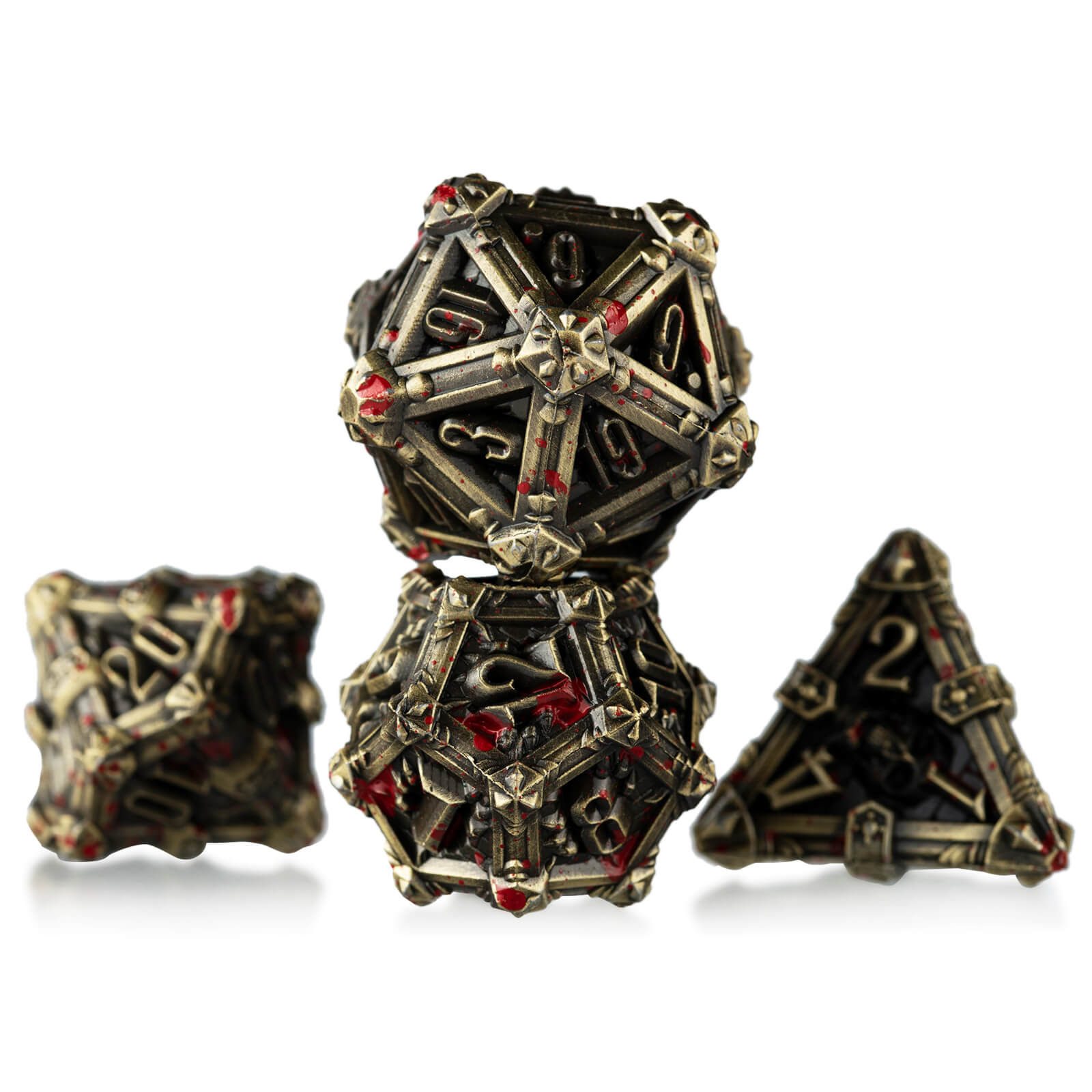 Skull Polyhedral Seven Metal Set of D&D Dice - Bronze Bloodstains - Dice of Dragons