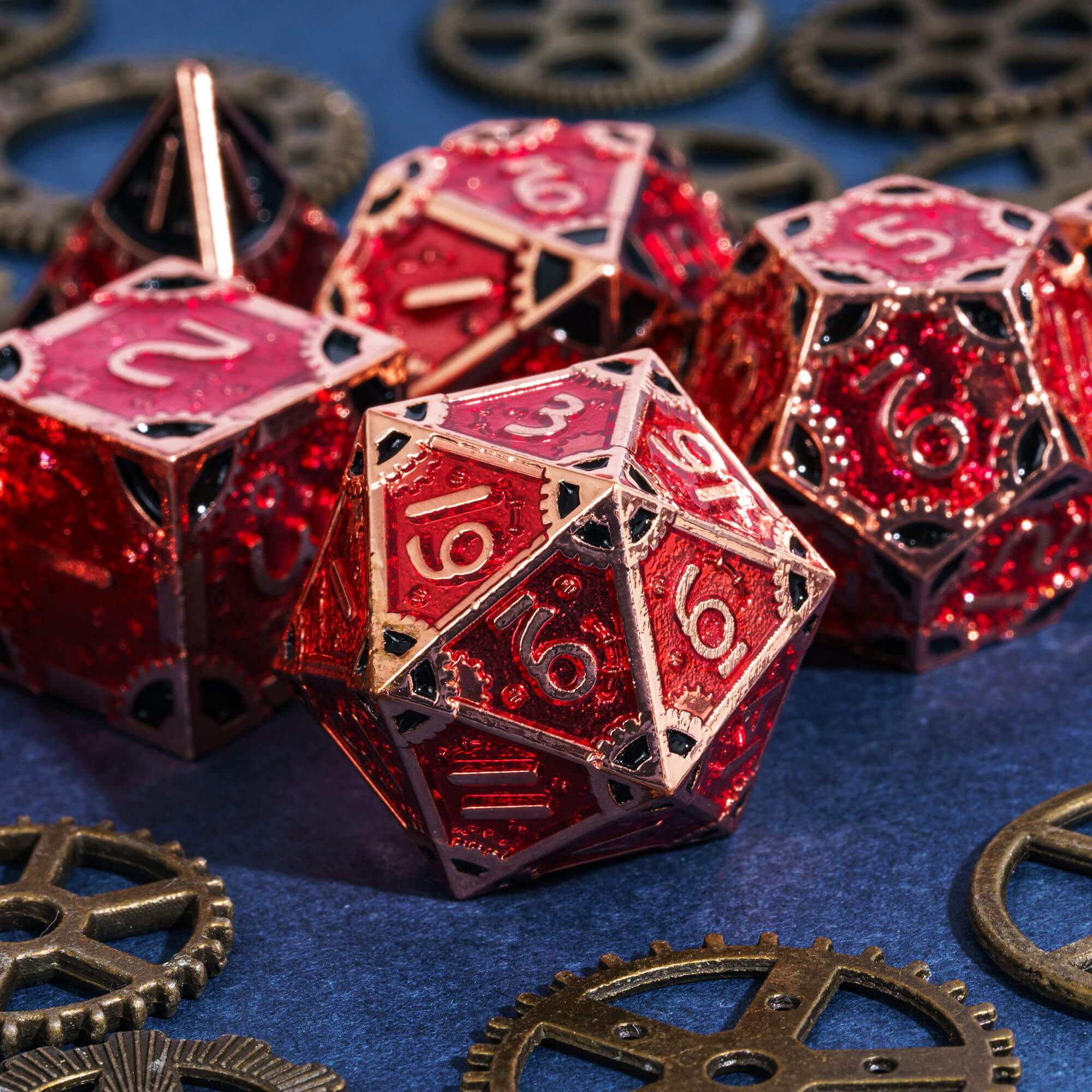 SteamPunk 7 Polyhedral Metal Dice Set DnD Red Black - Dice of Dragons