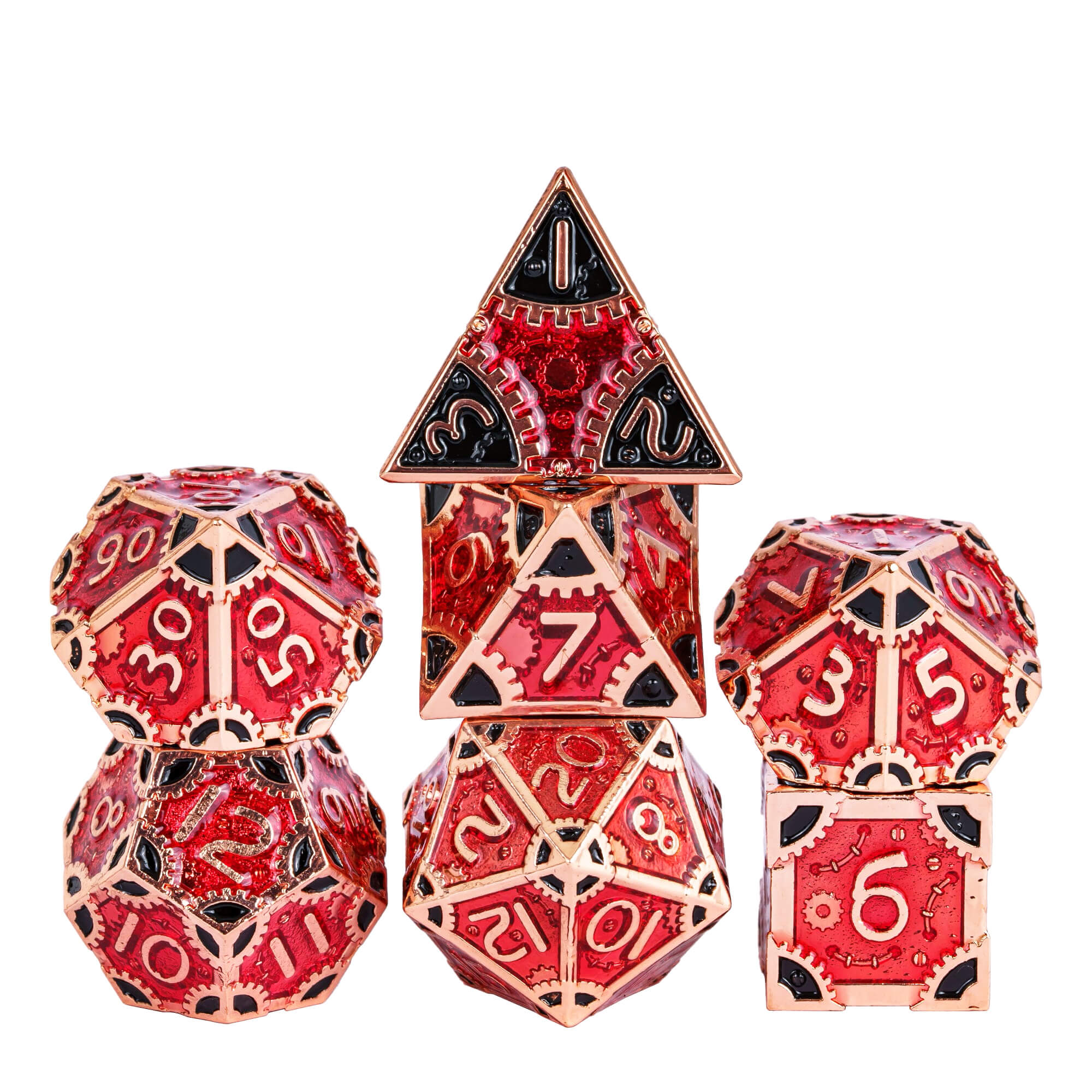 SteamPunk 7 Polyhedral Metal Dice Set DnD Red Black - Dice of Dragons