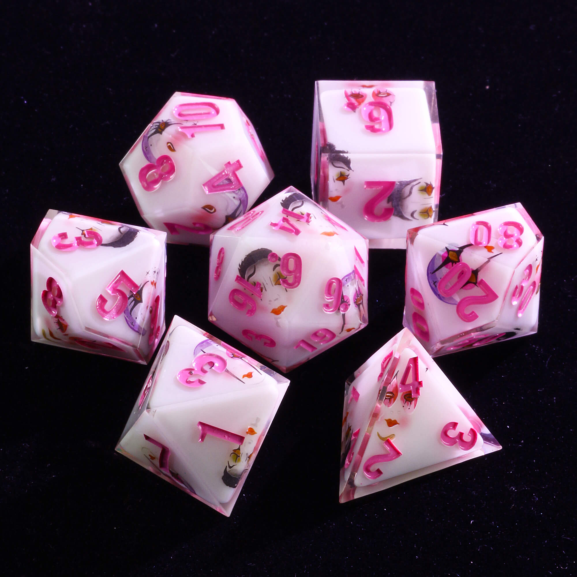 Unusual 7 Polyhedral Resin Dice Set D and D Clown White - Dice of Dragons