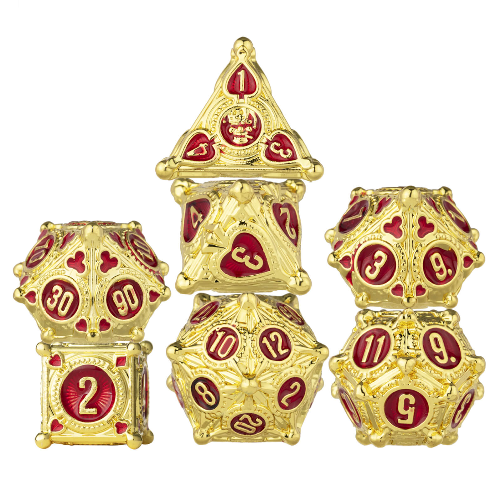 Wizard 7 Polyhedral Metal Dice Set DD - Gold Red - Dice of Dragons