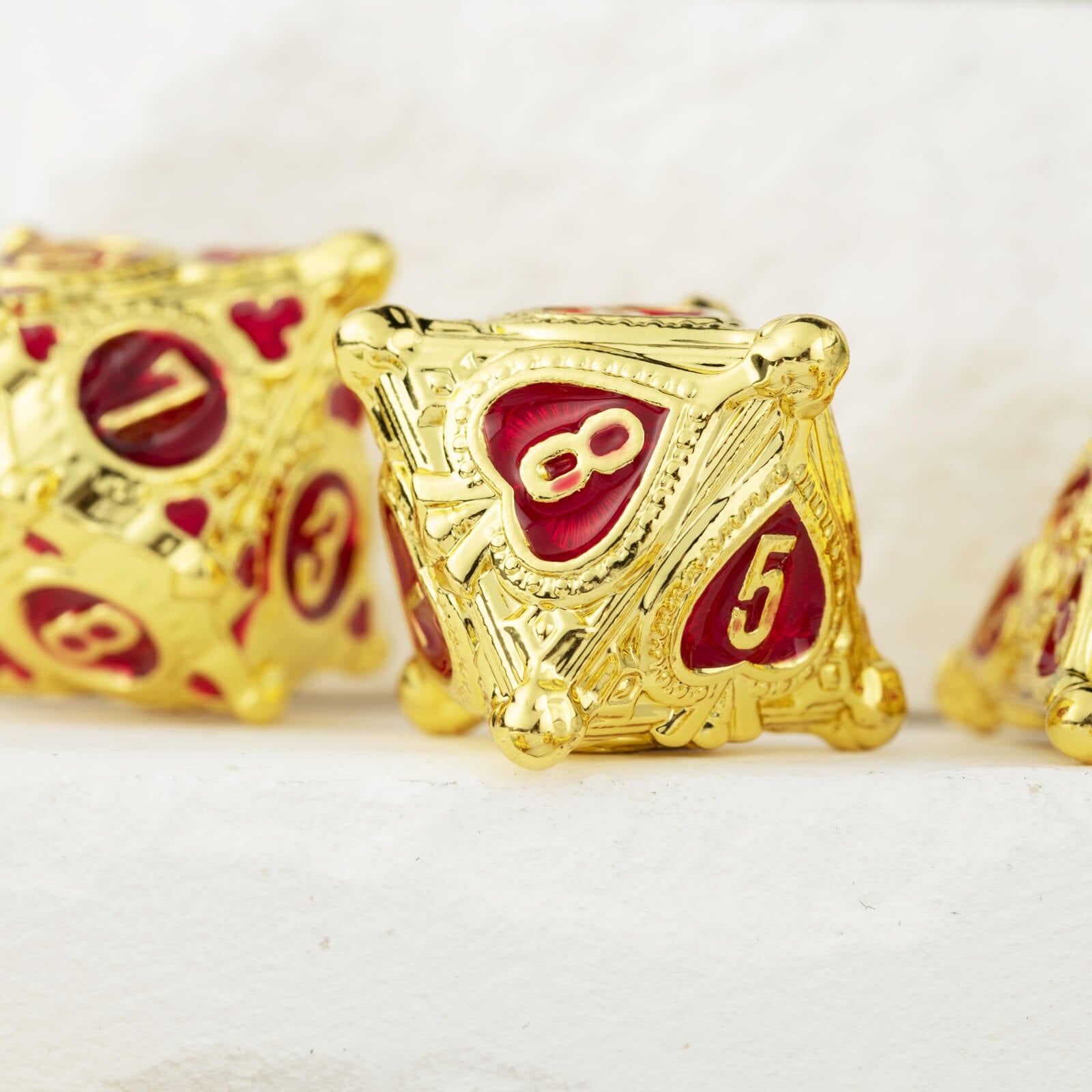 Wizard 7 Polyhedral Metal Dice Set DD - Gold Red - Dice of Dragons