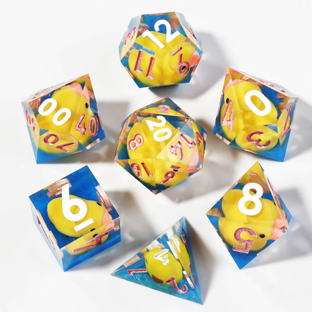 Yellow Ducks Sharp Edge Resin Polyhedral 7-Piece D&D Dice Set - Dice of Dragons