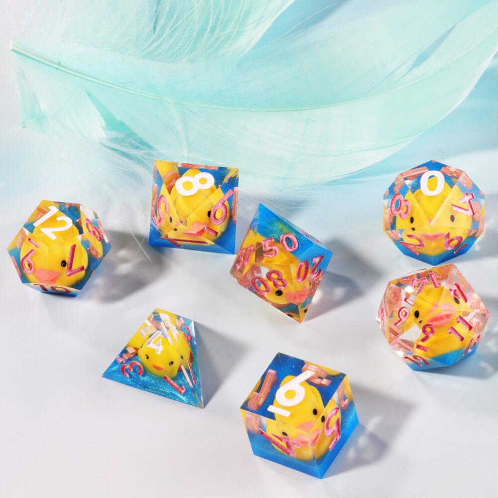 Yellow Ducks Sharp Edge Resin Polyhedral 7-Piece D&D Dice Set - Dice of Dragons